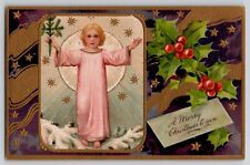 Christmas Pink Angel Gold Gilt Embossed PFB 9103 Antique Vtg Postcard 1910s picture