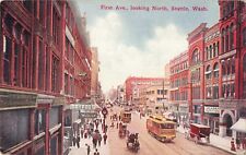 Seattle WA Washington, First Ave Street View, Trolleys Shops, Vintage Postcard picture