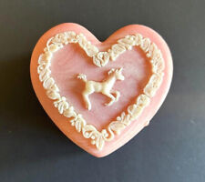 Vintage Pink Jasperware Style Incolay Unicorn Heart Shaped Trinket Box-MINT picture