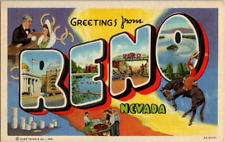 Vintage Greetings Reno Linen Postcard MCM Genuine Curteich Chicago Pop. 20,000 picture