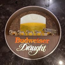 BUDWEISER DRAUGHT Lighted Keg Barrel SIGN - CLYDESDALES & WAGON picture
