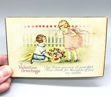 Vintage Valentine Post Card Children By Fence Pansies USA Unposted But Signed  picture