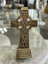 Vintage Brass Celtic Irish Cross Standing Paperweight Shamrocks  5