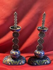 one pair of old cloissone candlestick holders vintage blue As Is picture