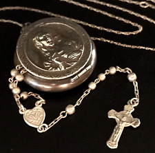 ANTIQUE 800 SILVER ROSARY - 800 SILVER LOCKET - 925 STERLING SILVER CHAIN 17