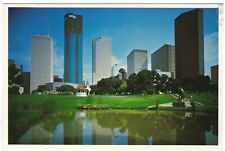 Houston TX-Texas, Sam Houston Park, Skyline Reflection Vintage Postcard picture