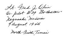 Fred Olivi-Nagasaki Co-Pilot signed card. Full info. Atomic Bomb. Free color pic picture