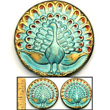 OUTSTANDING XL 38mm Standing TURQUOISE Red Gold PEACOCK Czech Glass Button 1pc  picture