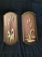 Vintage MCM Cattails Wheat Brass Wood Wall Art Set of 2 picture