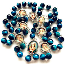 RARE Peacock Blue Tiger Eye Beads SEVEN 7 SORROWS Rosary Necklace Catholic gifts picture