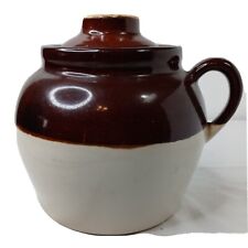 Vintage Brown Beige Stoneware Crock Bean Pot Single Handle + Lid. Marked USA picture