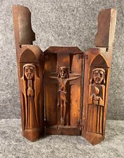 Vintage folk art wooden Triptych rare Catholic Christian Altar picture