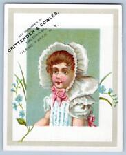 GLENS FALLS NY*CRITTENDEN & COWLES*PRETTY GIRL*FANCY HAT VICTORIAN TRADE CARD 3 picture
