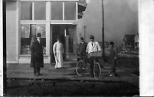 RPPC Store Street Scene 3 Men named on back Butcher Knife Delivery Bicycle 1912 picture