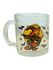 Vintage Halloween Glass Mug Witch Broom Bats Moon Made In The USA Rare picture