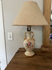 Vintage Table Lamp Ceramic Ivory Gold Painted Floral & Shade 10” Base picture