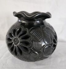 Vintage Dona Rosa Oaxaca Mexico Black Pottery Carved Pot Round Pierced Signed  picture