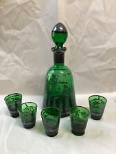 Antique Decanter Set Green Glass Bottle Silver Overlay Cordials picture