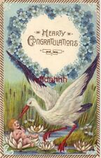 HEARTY CONGRATULATIONS baby on lily pad with stork 1915 Embossed picture