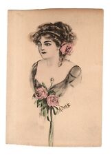 Hand Drawn & Colored Beautiful Woman Roses Signed By A. Borke Artist Postcard picture