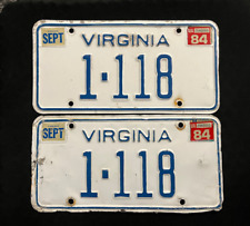 1984 Virginia License Plate Pair CML 1-118 .... ONLY 4 DIGITS, CLEAN & STRAIGHT picture