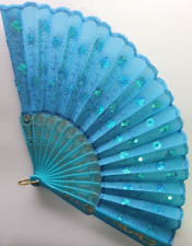 Gold & Teal Large Lace Floral Folding Hand Held Plastic Chinese Fan picture