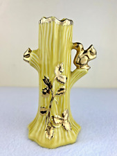 Vintage Warranted 22k Gold Trim Squirrel on Tree Trunk Yellow Ceramic Bud Vase picture