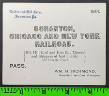 Antique 1891 Elk Hill Coal & Iron Scranton to Chicago Railroad Pass picture