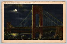 Postcard NY New York City George Washington Bridge At Night Linen A15 picture