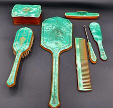 1920s Antique Art Deco Green Pearlized Celluloid / Bakelite Vaniety Set Of 7 picture