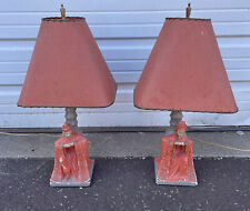Pair of Vintage Mid Century Modern Chalkware Lamps Oriental Motif Pink Shades picture