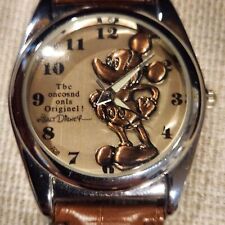 Disney Mickey Mouse Brass Tone 3D Skeleton Watch Leather Strap - Very rare picture