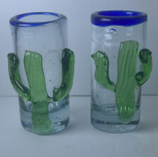 2 Saguaro Cactus Mexican Hand Blown Shot Glasses with Colored Rim picture