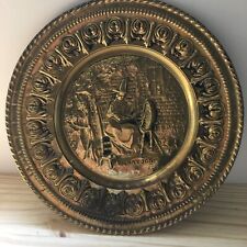 Vintage Jenny Jones Wall Hanging Embossed Brass Plate Lady Spinning on Wheel 12