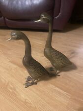 Vintage Brass Glazed Ducks Geese Sculptures Pair Approximately 13
