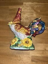 Beautiful Ceramic Colorful Rooster Pitcher Nestled in Flowers 9 1/2'