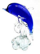 Art Glass Dolphin On A Wave Blue Clear Figurine Paperweight 5.3/4” Tall picture