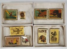 Vintage 1980's USPS Metal Enameled Postage Stamp Pins Lot Of 9 w/ Original Boxes picture