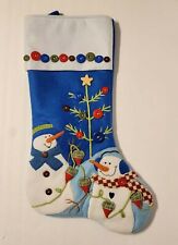 3D Snowmen + Tree Appliqued Felt Fleece Christmas Stocking Blue Buttons Hearts  picture