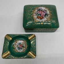 Vintage Fine Porcelain Ashtray & Trinket Box Green Gold Floral Hand Painted Rose picture