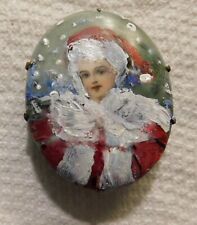 Miniature German Antique Portrait Painting of Mrs. Santa Claus on Porcelain Pin picture