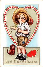 Valentine's Day PC Boy Picking Pedals Off Daisy Flower Dog Hearts Arrow Love picture