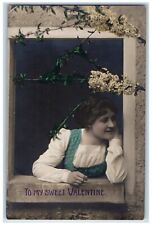 c1905 Valentine Pretty Girl On Window Flowers Posted Antique RPPC Photo Postcard picture