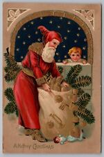 Postcard Merry Christmas Old World Santa Red Robe Hood Bag Full of Toys *C5482 picture