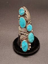 Navajo Sz 9.5 Turquoise/Onyx 5 Stone Ring Silver Collectible Native American picture