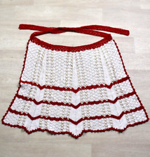 True Vintage 60s Crochet  Half Apron Red White Handmade Mid Century Housewife picture