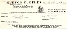 1938 HUDSON CLOTHES GORDON AND SCHULMAN N.Y. YOUNG MEN'S  BILLHEAD INVOICE Z504 picture