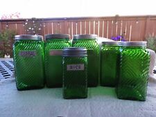 LOT of 7 Vintage OWENS ILLINOIS Green Glass Hoosier Glass Jars With Lids 3 Sizes picture