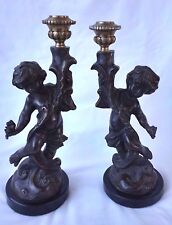 Pr. Antique French Solid Bronze Putti Sculptures Candle Holders picture