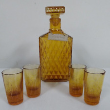 Amber Glass Decanter With 4 Matching Shot Glasses  Royal Craft Bourbon Vintage picture
